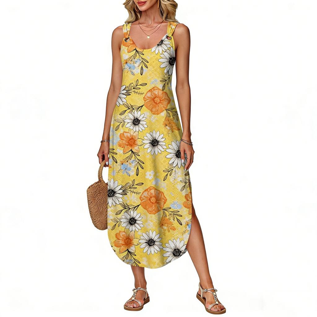 Women's Summer Long Dress, Sleeveless With Side Slits, Long Floral Printed Camisole Dress