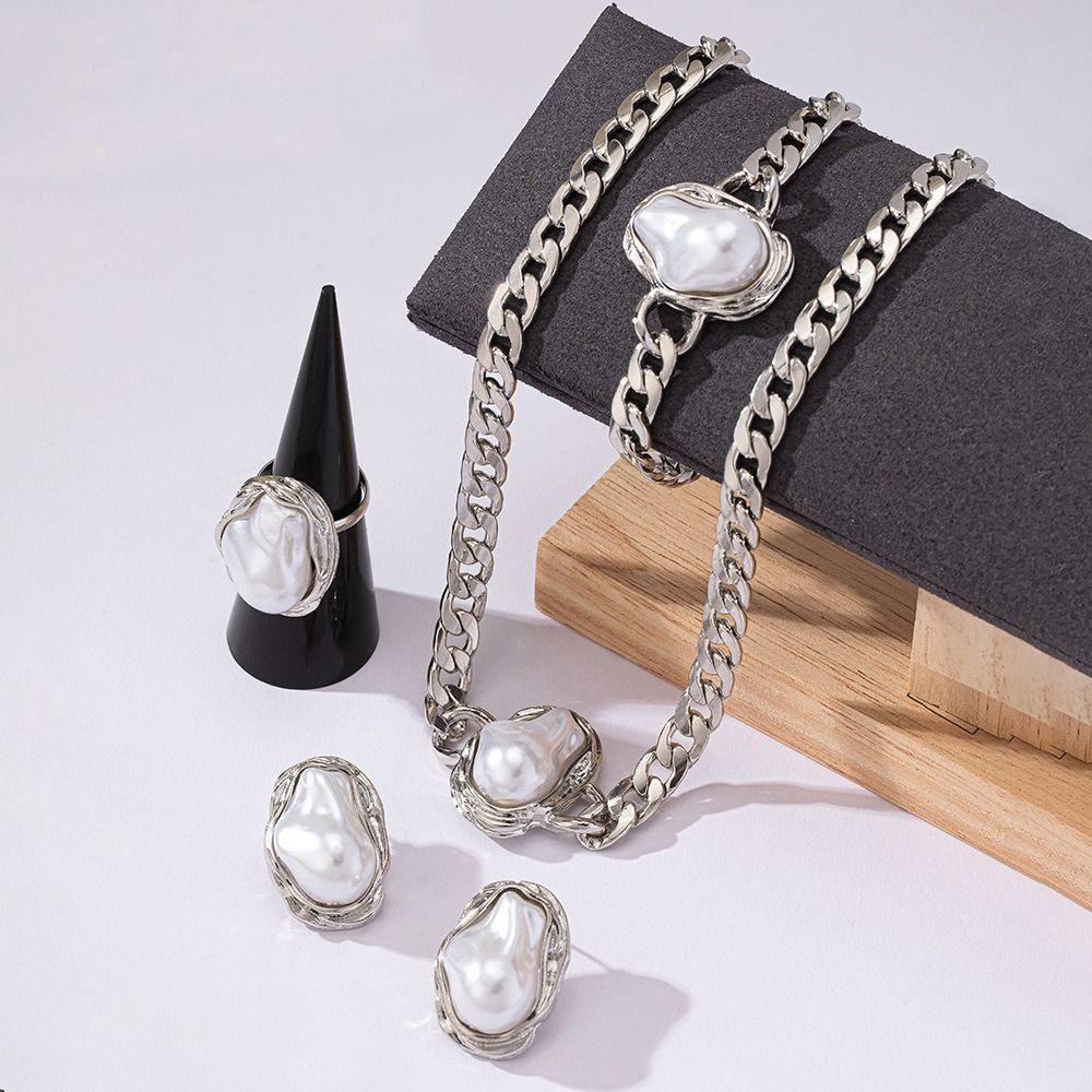 5Pcs Irregular Vintage Jewelry Suit Pearl Necklace Bracelet Ring Suit Clavicle Chain Set  Girls