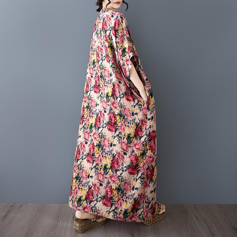 DIMANAF 2025 Vară Femei Imprimeu Vintage In Plus Mărime Rochie Lungă Mânecă Scurtă Casual Decolteu în V Rochie de Bază Largă