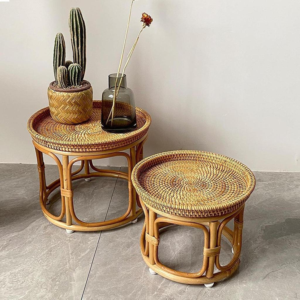 Rattan Side Table Decorative Coffee Holder Storage Tray NightStand Round End for Bedroom