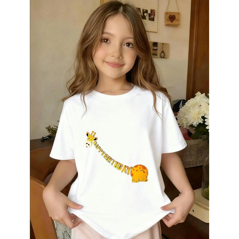 

European Size Girls Round-neck Short-sleeved T-shirt with Cartoon Giraffe Pattern Print 164cm білий