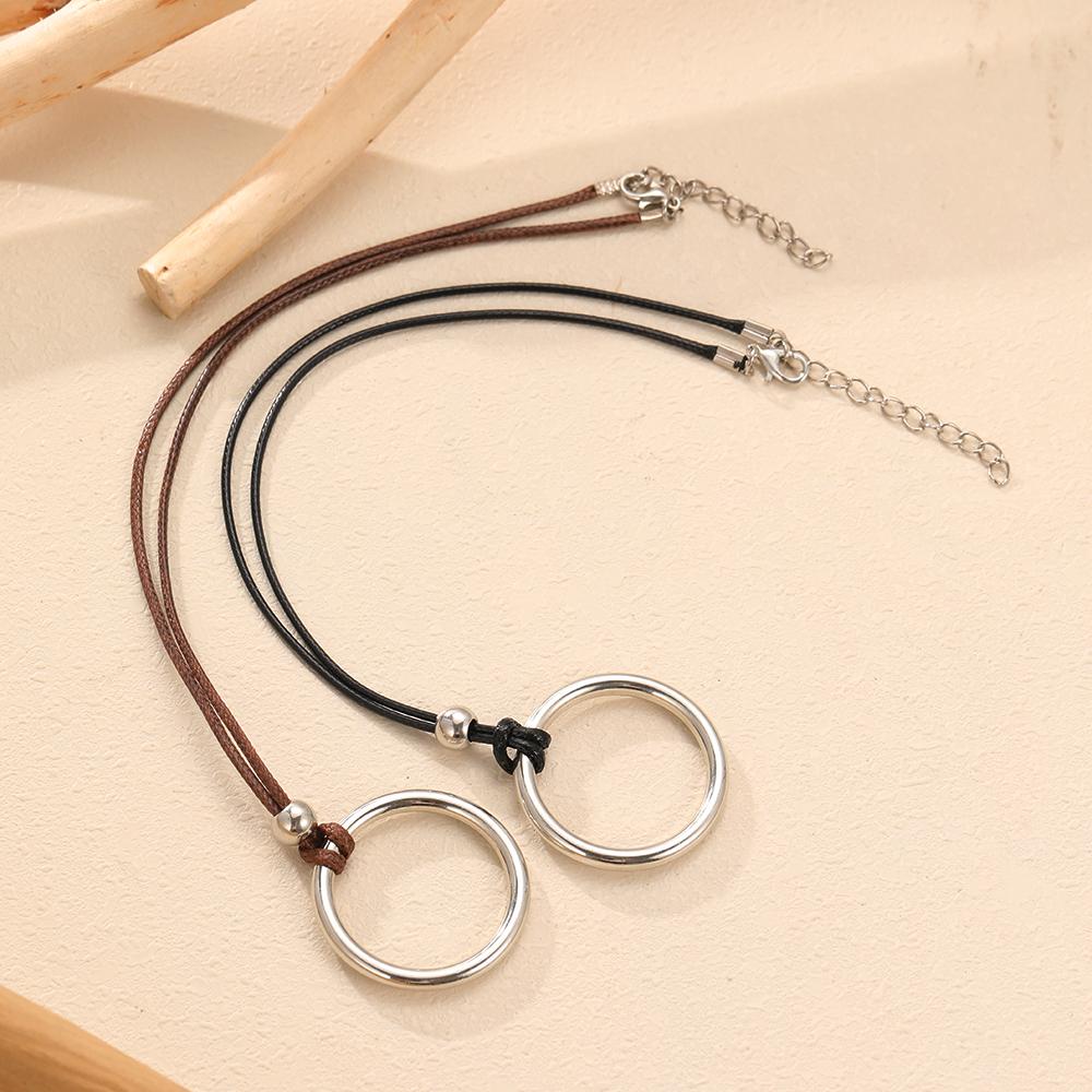 Bohemian Simple Alloy Exaggerated Hollow Circle Pendant Necklaces For Women Hand-Woven Leather Cord Beach Vacation Party Jewelry