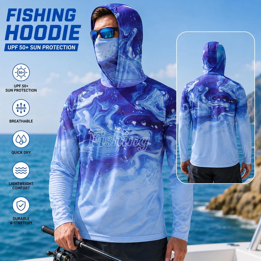 Fishing Shirt Hooded Men Fishing Clothes Outdoor Summer Mask Hoodie Sun Uv Protection Performance Jersey