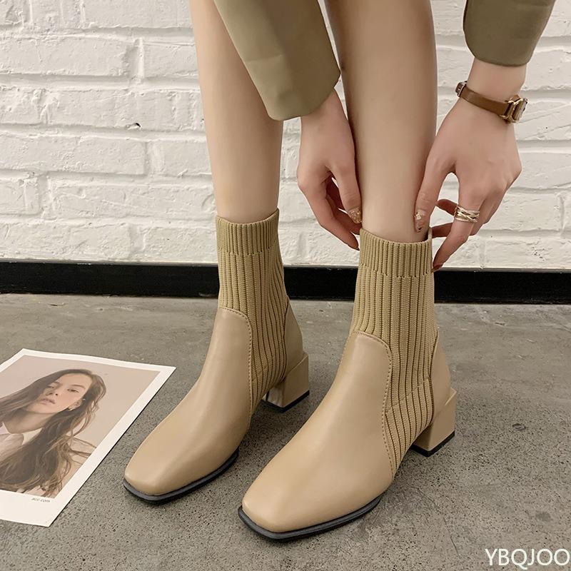 New autumn winter styles with thick medium heels square toe short boots for women knitted  boots simple comfortable single boots