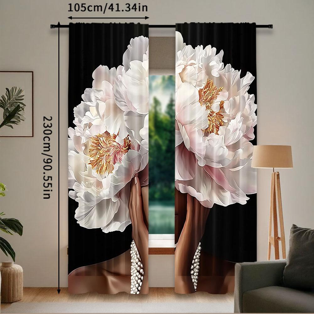 2Pcs African American Curtain Black Girl Pink Peony Floral Retro Rose Pearl Artwork Suitable For Bedroom Bathroom Living Room