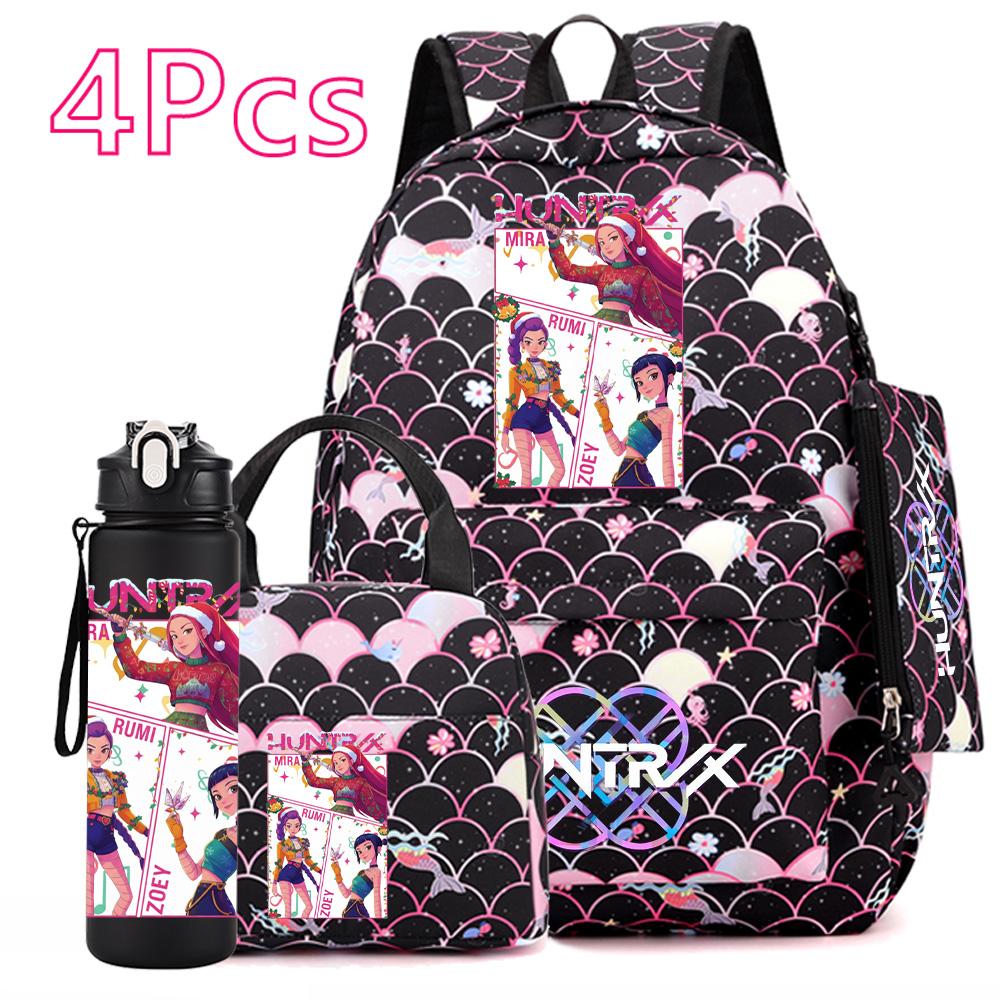 4Pcs/set Christmas Kpop Printed Backpack with Handbag Pencil Case 750Ml Water Bottler for Teenager Boy Girl Large Capacity Bookbag Schoolbag Kid Gift