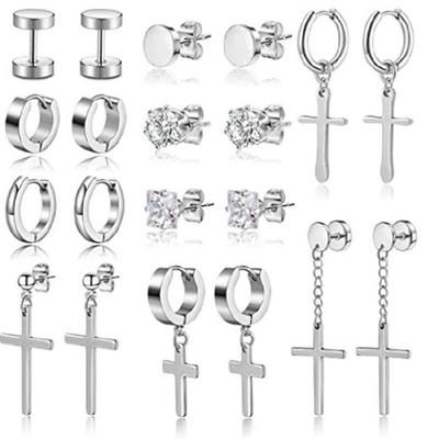 10 Pairs Cool Titanium Steel Hinged Hoop Stud Dangle Earrings for Mens Silver