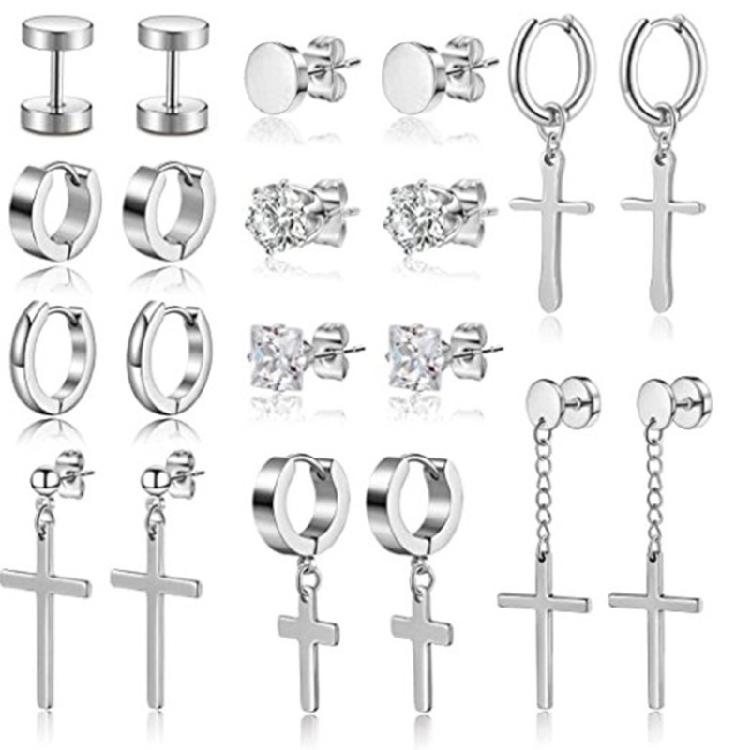 

10 Pairs Cool Titanium Steel Hinged Hoop Stud Dangle Earrings for Mens Silver 1
