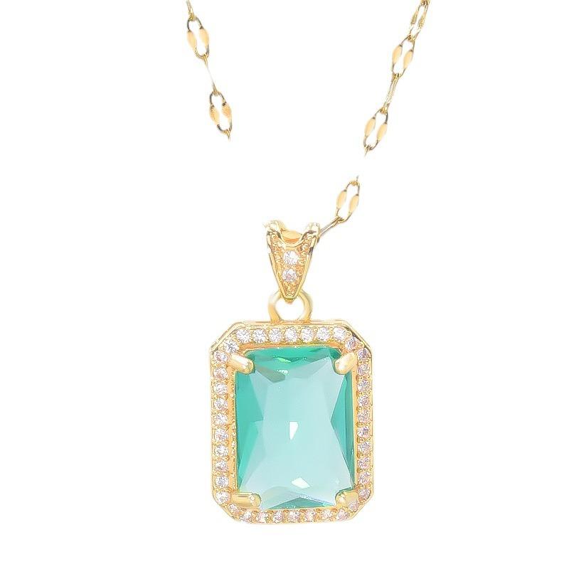 Emerald Square Necklace Female Court Vintage Ethnic Style Premium Geometric Pendant Collarbone Chain Jewelry