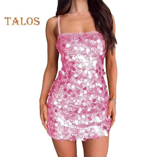 

Сексуальное облегающее мини-платье с пайетками для женщин, блестящее вечернее платье на тонких бретельках, без рукавов, с открытой спиной, блестящее клубное вечернее платье L розовый