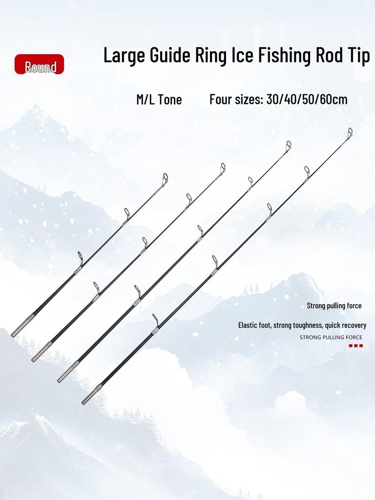 Winter Ice Fishing Rod Tip with Large Guide Ring, Soft M Action, Black Round Tip, 6mm Socket