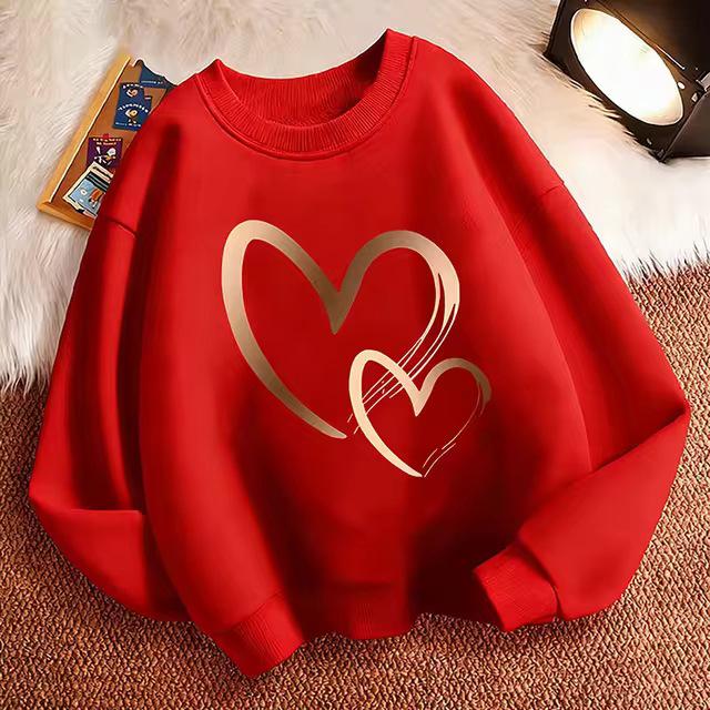 Chic Heart Print Girl's Pullover Sweatshirt - Spring O-neck Hoodie
