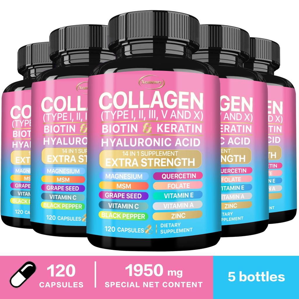 Collagen Peptide Capsules Containing Biotin, Keratin, Vitamin C, Vitamin E, Zinc, Magnesium, and Skin Health Support.