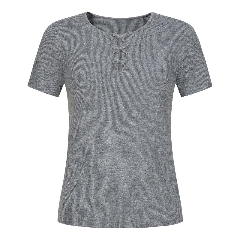 JOUSANNE Soft Glow Bow-Knot Knit Short Sleeve Top