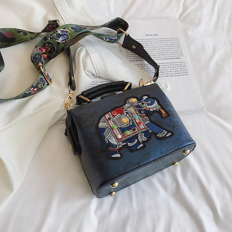 Vintage Embroidery Elephant Women's Handbags Soft PU Leather Thailand Exotic Portable Women's Messenger Bag Fashion Female Small Square Crossbody Bags