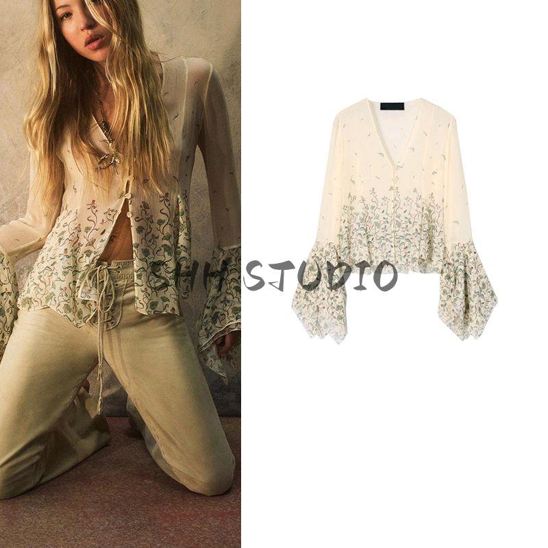 Summer New Product Women's Clothes Ins Style Laminated Decoration V Neck Long Sleeves Flower Print Shirt Tops 3752858