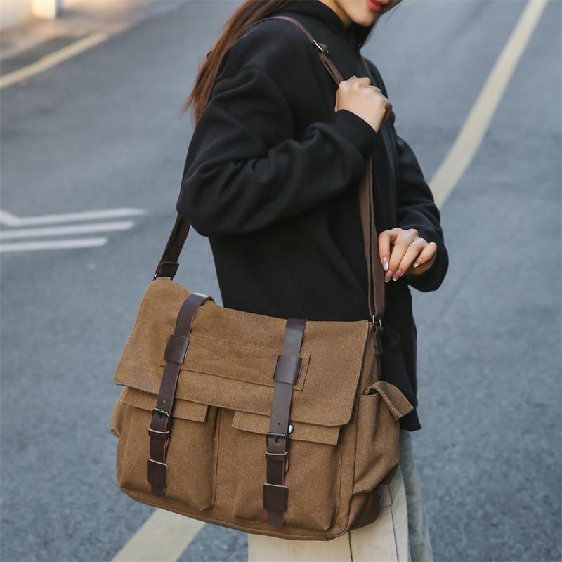 Canvas Bag Business Shoulder Crossbody Bag Large Capacity Lightweight Contrast Color Student Bag