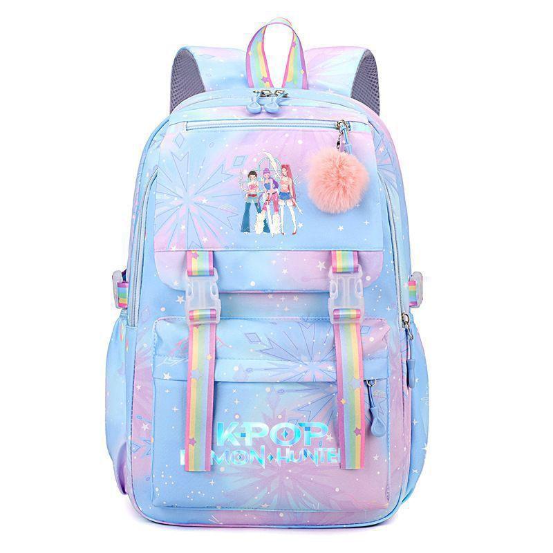 Korean Style School Backpack Teenagers Large Capacity Nylon Bookbag With Padded Straps Cartoon Print Unisex Student Bag