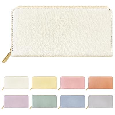 Genuine Leather Long Wallet for Men and Women In Natural Ivory. Features a Round Zipper Closure, Coin Purse, and Card Slots.