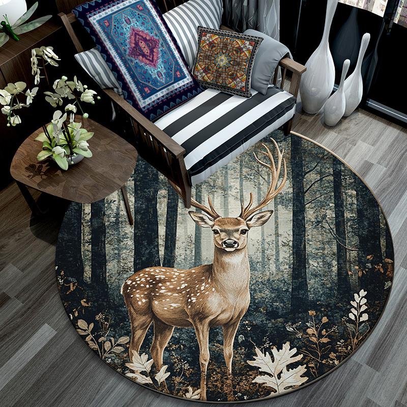 Elk Round Area Rug,Carpet Rug for Living Room Bedroom Sofa Playroom Decor,Non-slip Floor Mat
