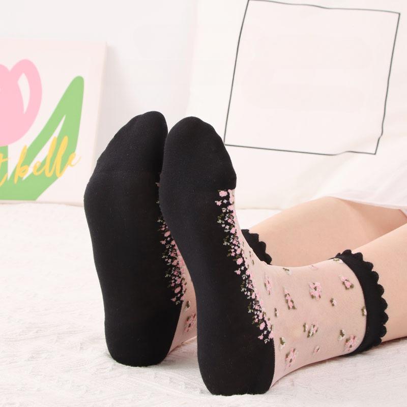2 Paar Damen-Sommersocken mit Blumenmuster, dünn, transparent, elastisch, atmungsaktiv