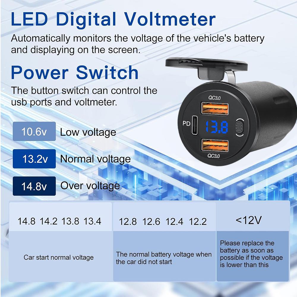 Motorcycle USB Fast Charger Waterproof Type C Port Socket Connector with Voltmeter Digital Charge 12V Power Adapter