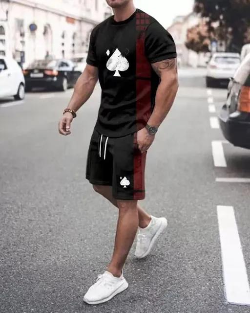 Europejski amerykański zestaw męskich T-shirtów Lato Nadruk 3D Litery Karty do gry Spodenki Krótki rękaw Kombinezon 2-częściowy zestaw Casual