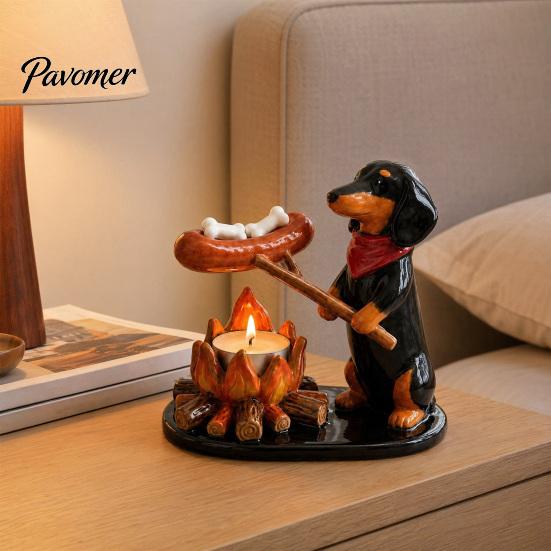 Woodland Candle Decor Campfire Animal Tealight Holder, Durable Resin with Cat Miniature Fox And Dachshund Figurines, Warm Cozy Atmosphere Decorative