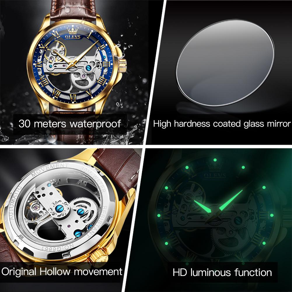 OLEVS 6661 Ceas Mecanic Automatic pentru Bărbați Schelet Complet Transparent Volant Curea din Piele Brand de Lux Ceas de Mână Original pentru Bărbați