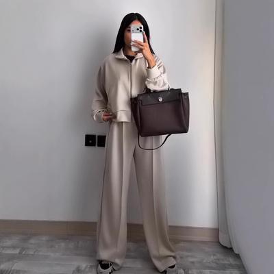 2025 Cross-border European and American Autumn New Cardigan Lapel Sports Zipper Jacket Waist Wide-leg Pants Women's Clothing
