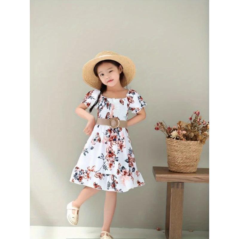 White Waist-Cinching Print Short-Sleeve Round-Neck Casual Dress for Girls