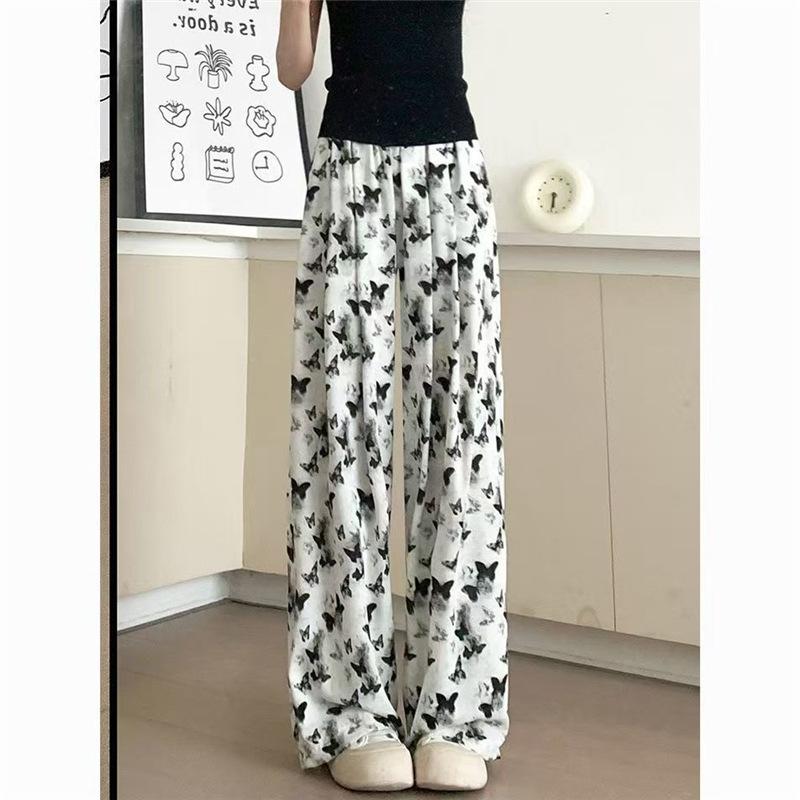 Butterfly Ink Painting Wide-leg Pants for For Women Summer High-waist Straight-leg New Arrival Chinese Casual Pants Ice Silk Tie-dye Draped Trousers
