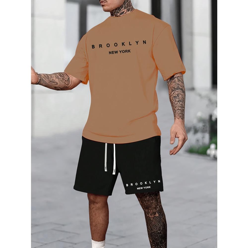 

Brooklyn New York Print Men s Short Sleeve T-shirt & Drawstring Shorts 2pcs Casual Sports Regular Top Pants Suit XL