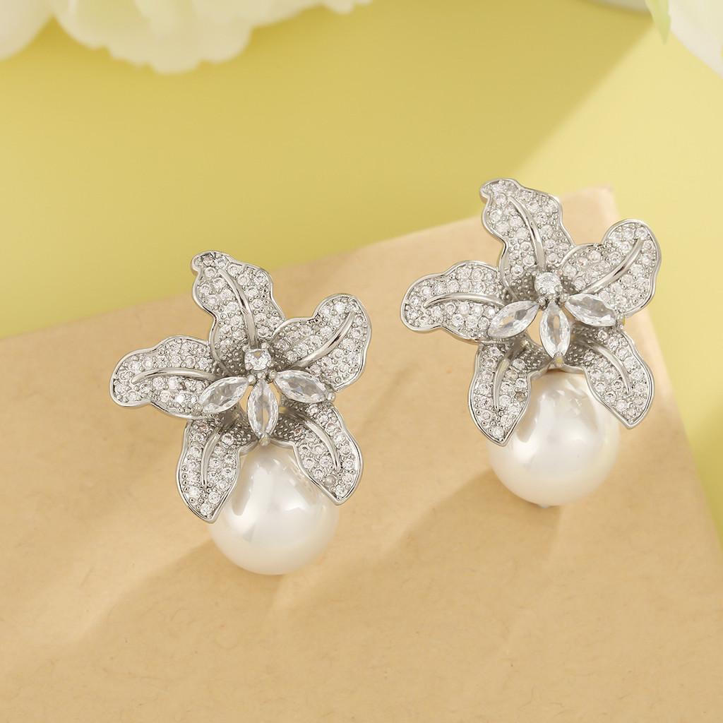 Elegant Geometric Copper Zircon Pearl Earrings For Wedding Bridesmaids