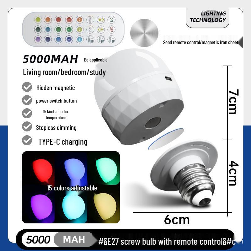 Wireless RGB LED Light Bulb with Magnet and Type-C Charging for Home, Camping, and Outdoor Use