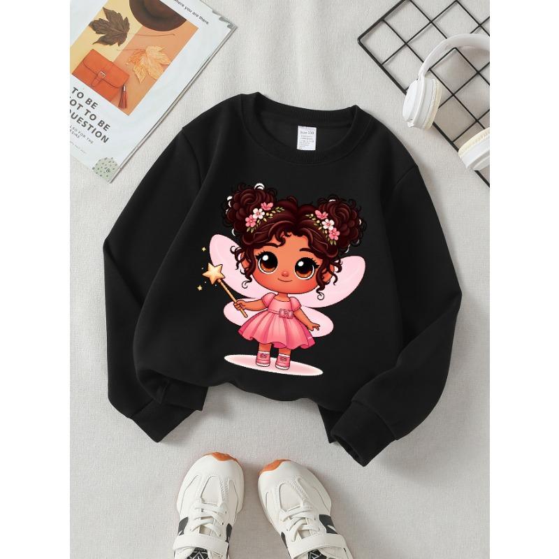 European sizes Girls Soft Crewneck Sweatshirt Cute Fairy Girl with Star Wand Print, Casual for Fall Winter, Ideal Holiday Present.