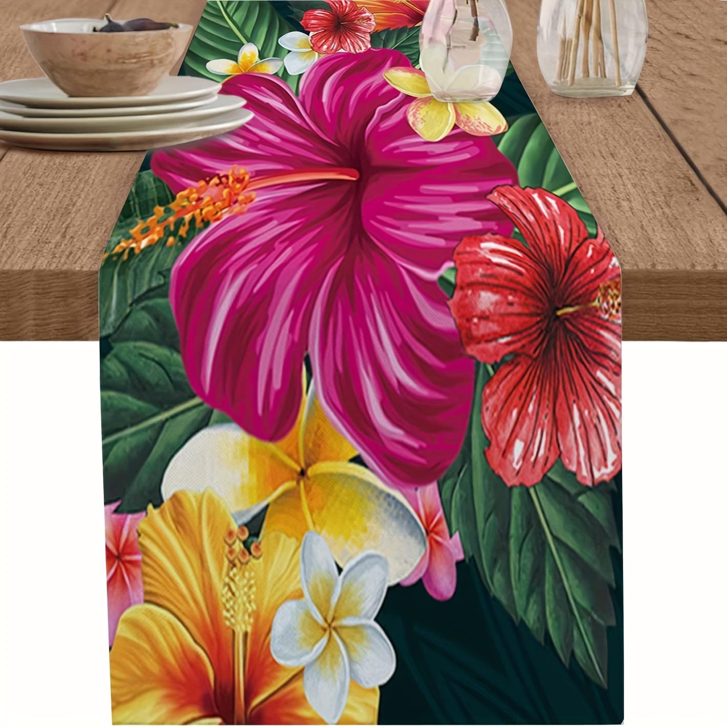 Fleurs d'Hibiscus d'Été Plantes Chemin de Table en Lin Décor de Fête Feuilles de Palmier Tropicales Chemin de Table de Cuisine Salle à Manger Décoration de Maison 150x33cm