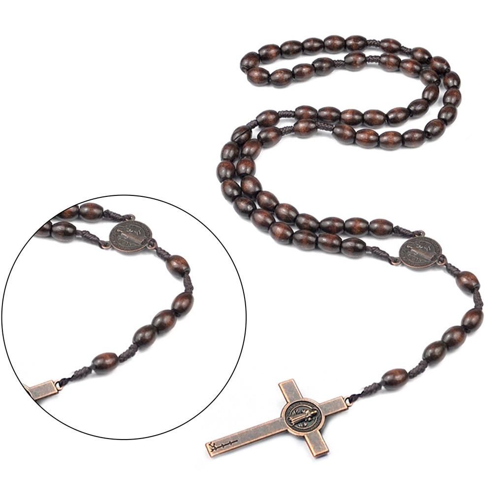 Christian Handmade Wooden Rosary Necklace Prayer Beads with Holy Soil Medal and Cross Bohemian Style for Men and Women