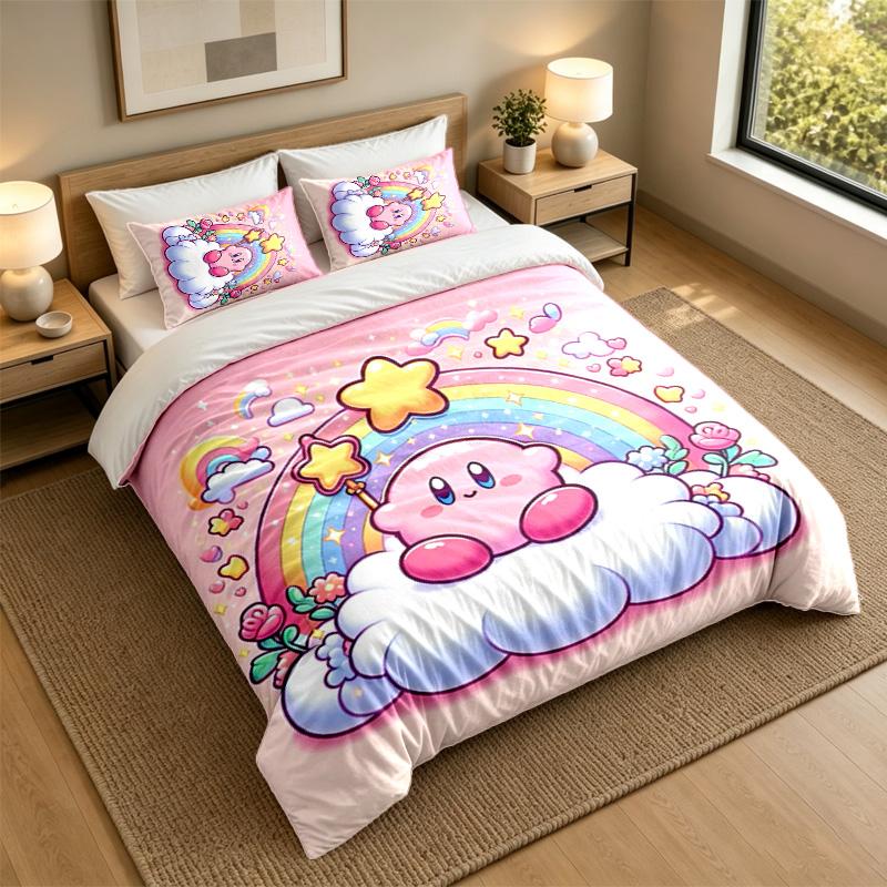 Soft Bedding Set Kirby Pattern, 1 Duvet Cover Plus 2 Pillowcases Stylish Bedroom Home Textile