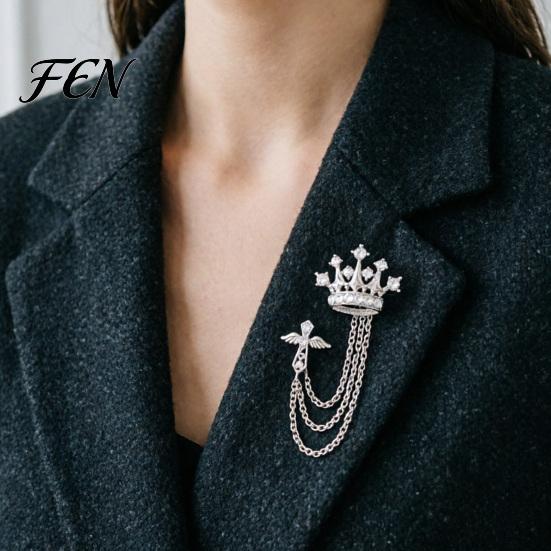 Dark Light Zircon Brooch Men's Pin with Chain, British Crown Cross Angel Lapel Pin, Rhinestone Suit Cool Tone Silver Badge Tassel Chain for