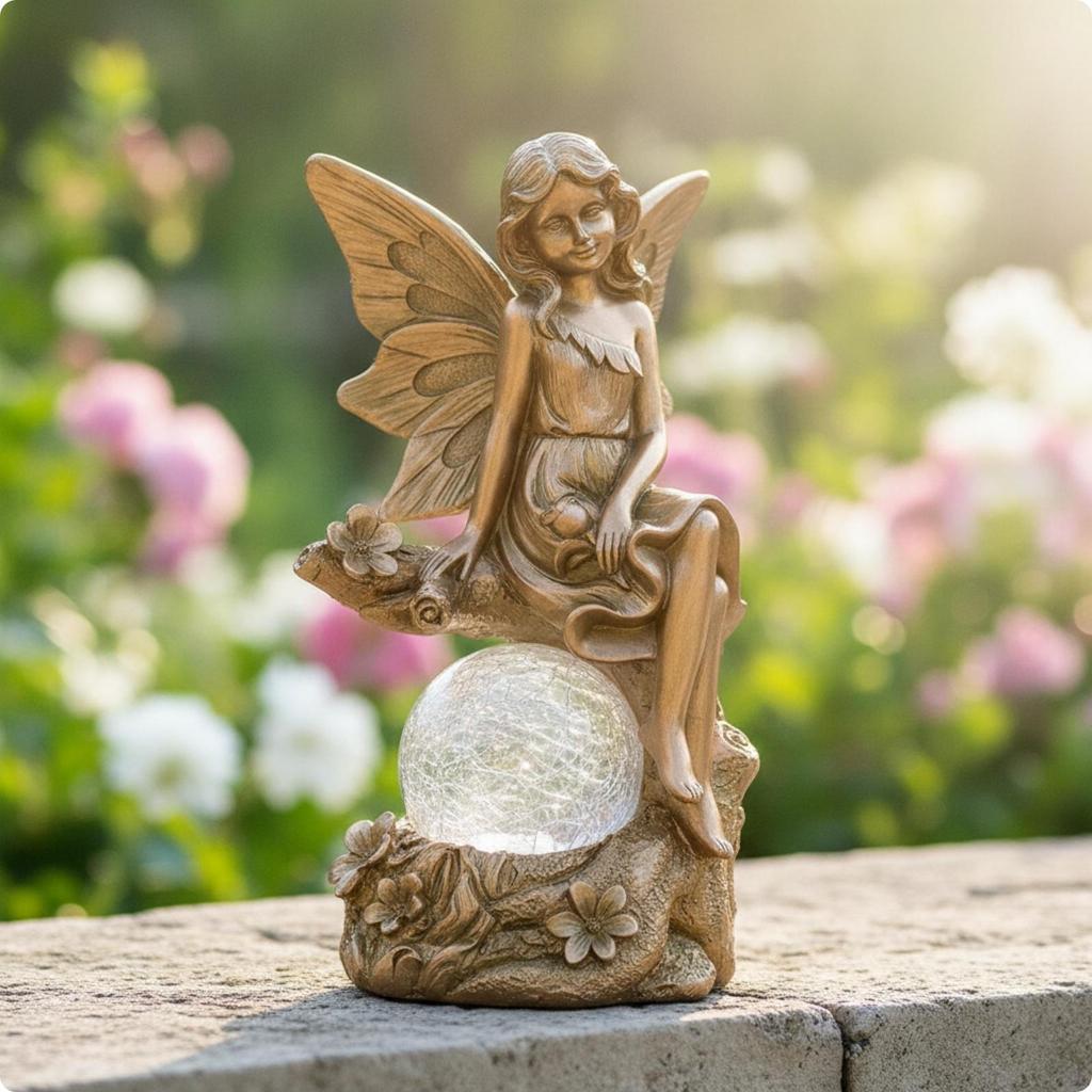 Outdoor Fairy Statue with Glass Sphere | Handmade Floral Detailing,