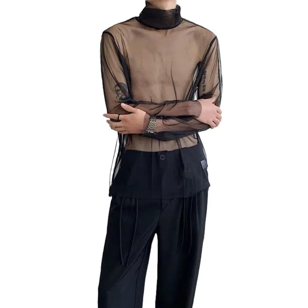 High Collar Transparent T-shirt Streetwear Mesh Top Men Chic Long Sleeve T-shirt  Party