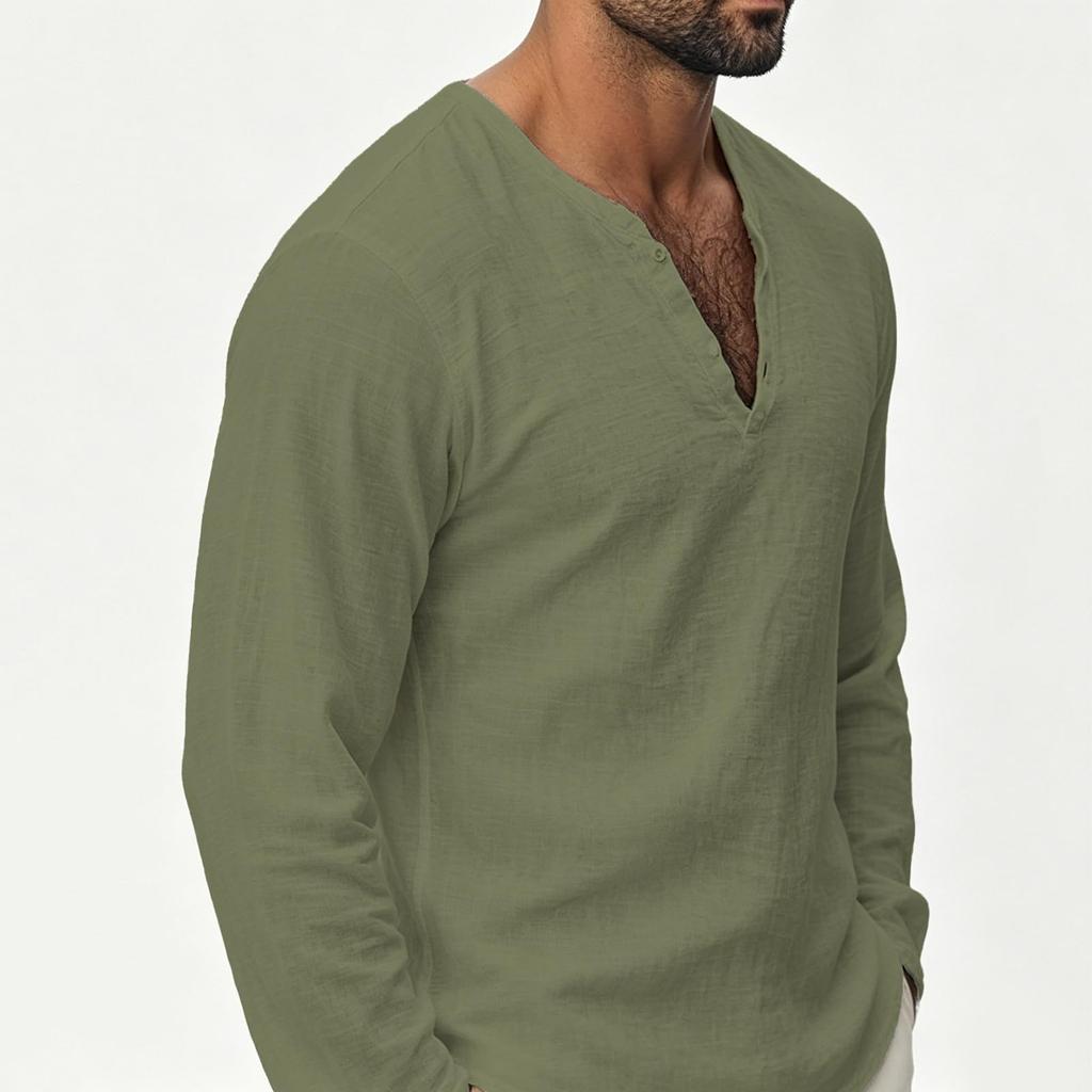 Men's Long Sleeve V-Neck Shirt, Casual Breathable Color Loose Fit Top for Spring Fall Beach