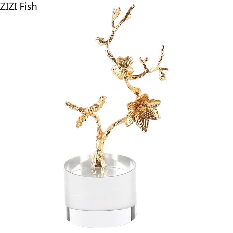 Golden Branches and Birds Ornaments Crystal Base Desk Decoration Crafts Gold-plated Flower and Bird Statue Room Aesthetic Decor