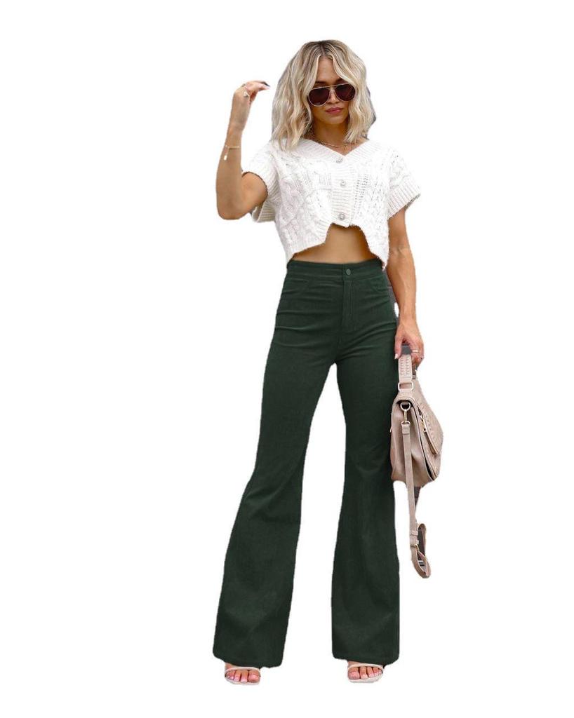 2025 Winter Women's High Waist Flare Corduroy Pants - Solid Color, Elegant and Casual Style