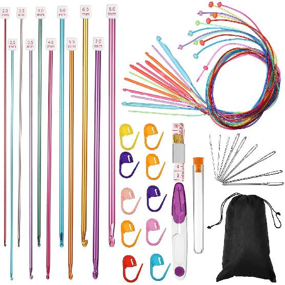 Tunisian Crochet Hooks Set 2-8 mm Aluminum Afghan Crochet Hooks, 3.5-12 mm Plastic Cable Weave Knitting Needle with Storage Bag, Scissors, Stitch