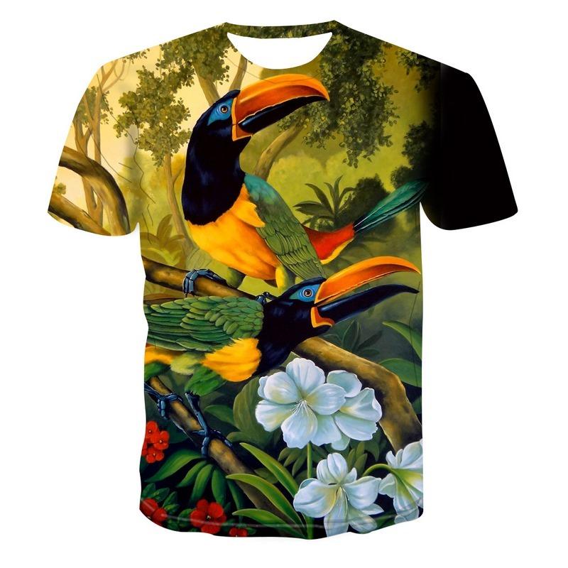 Beautiful Parrot Print Summer Short Sleeve Shirt Men's Children's T-shirt Fashion 3d Bird Pattern Round Neck Top Street Clothing