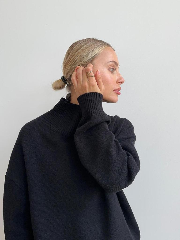 2025 European & American High Neck Casual Solid Color Knit Sweater - Autumn/Winter Versatile