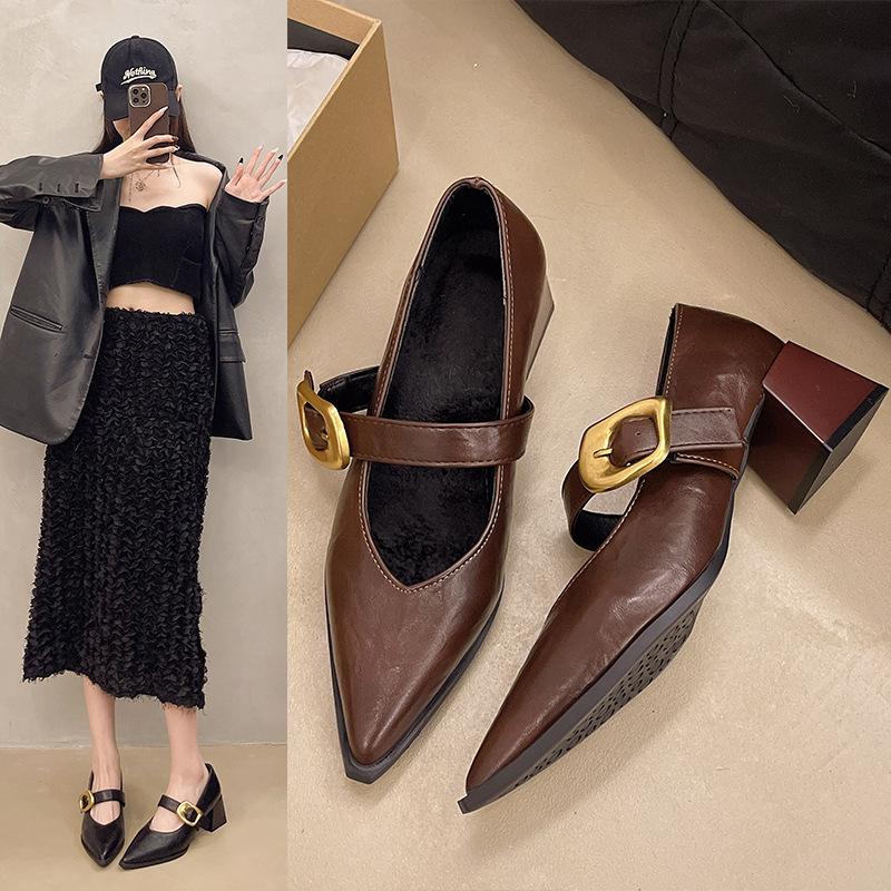 Francouzská retro měkká kůže s botami Mary Jane pro dámskou jarní novinku 2025 vysoké podpatky silný podpatek všestranné špičaté lodičky