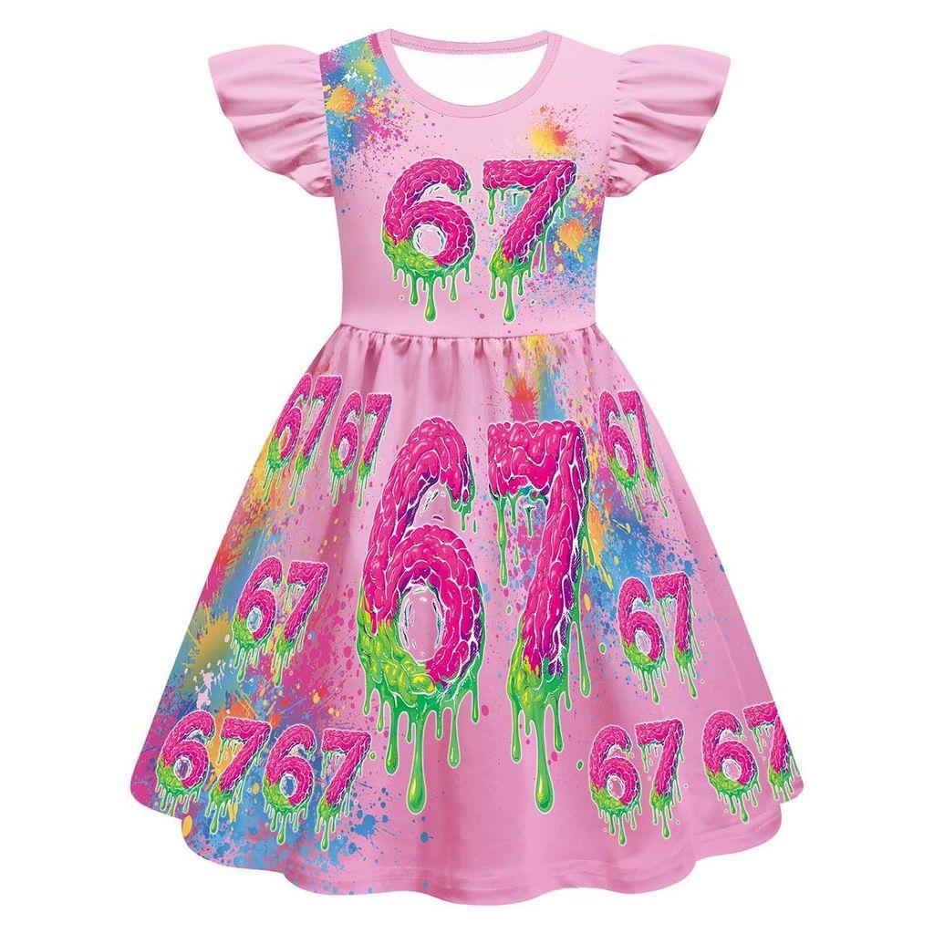 82886 Kids Girls Steal a Brainrot 67 Print Ruffle Sleeveless Princess Dress